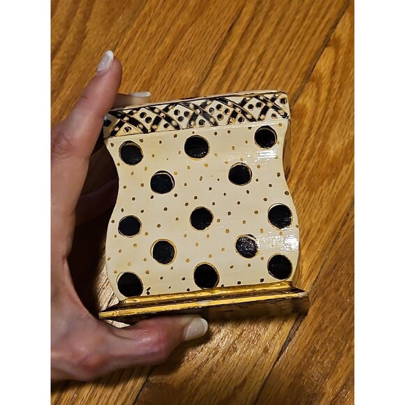 Hand Painted Black, White & Gold Wood 2 Deck Playing Card Holder Canasta Bridge - Picture 3 of 14